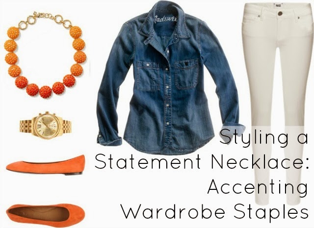 how to style denim shirt statement necklace white skinny jeans