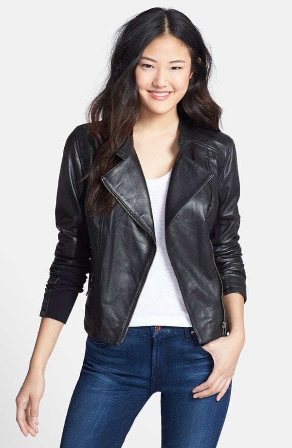 Halogen Zip Detail Leather Moto Jacket