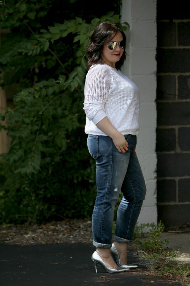 wardrobe oxygen what I Wore Gap Real Straight Jeans Karen Kane Messh Top Nine West Pumps