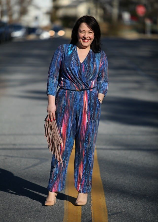 Wardrobe Oxygen What I Wore: Blue Jumpsuit from Serena Williams for HSN, BCBGeneration suede fringe clutch, Nine West Flax pumps