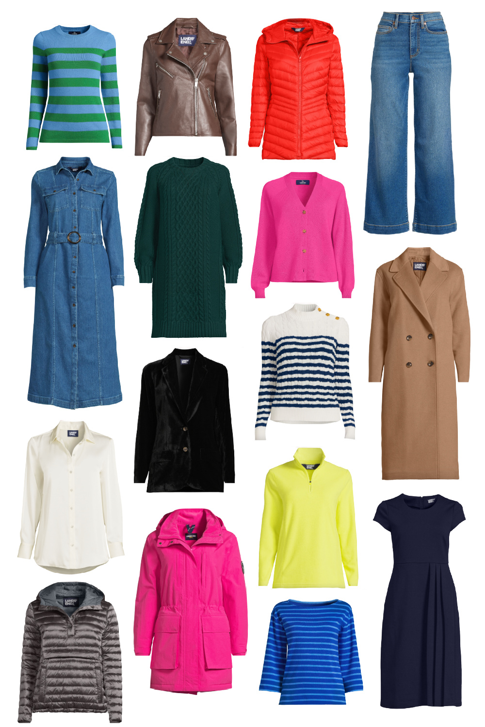 Collage of 16 items from Lands' End fall new arrivals in bright colors, on-trend silhouettes, and rich textiles