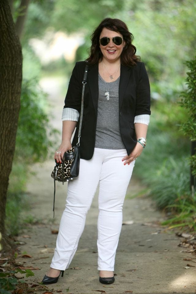 Wardrobe Oxygen wearing a Vince Camuto Blazer, Jag Paley Bootcut Jeans and a Rebecca Minkoff Mini MAC with an Old Navy vintage tee in gray