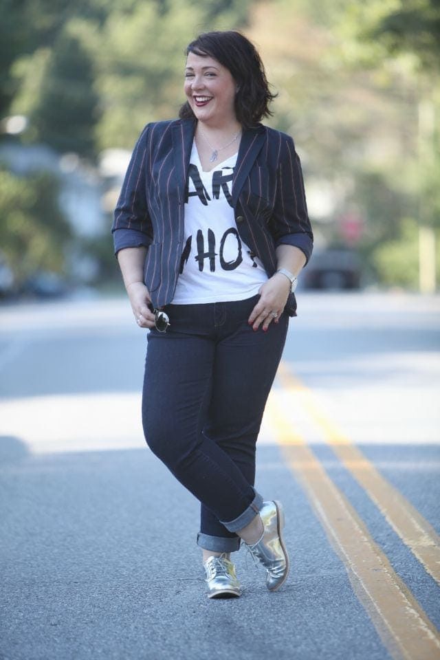 Alison Gary of Wardrobe Oxygen wearing Talbots Varisty Stripe Blazer, Gap Real Straight Jeans, and shiny silver Bass oxfords