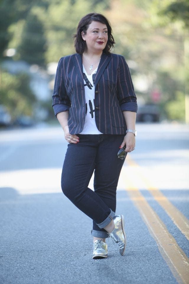 Alison Gary of Wardrobe Oxygen wearing Talbots Varisty Stripe Blazer, Gap Real Straight Jeans, and shiny silver Bass oxfords