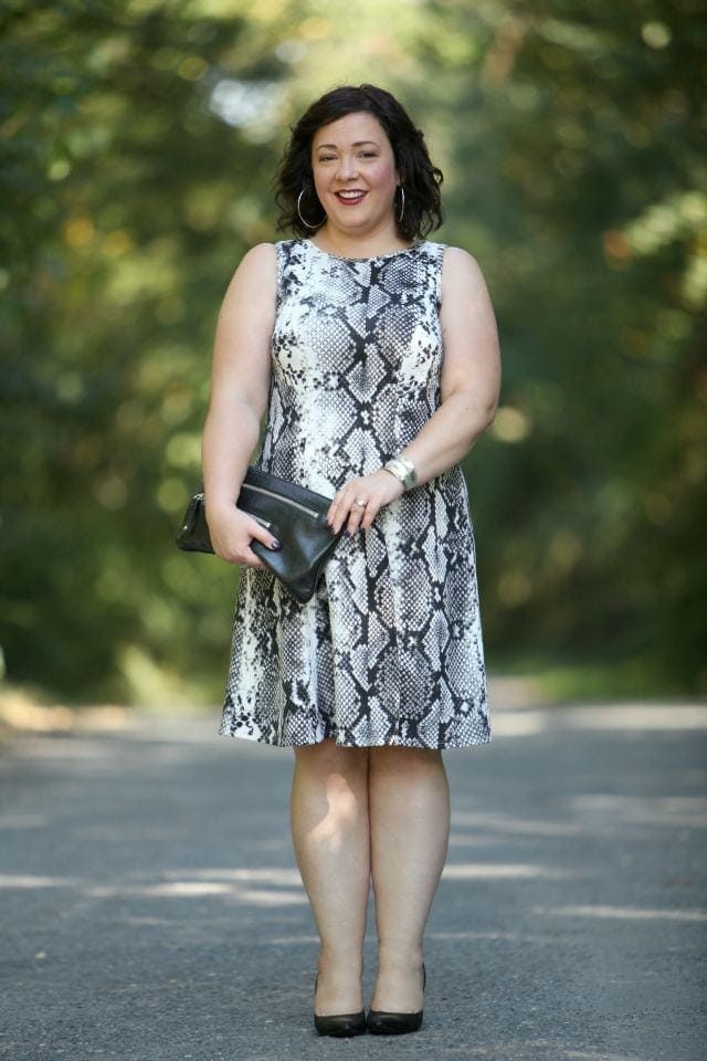 Wardrobe Oxygen wearing a snake print dress from Karen Kane via Gwynnie Bee