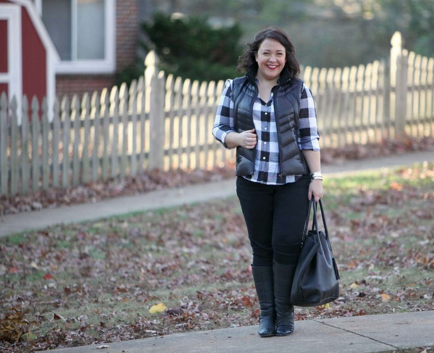 Wardrobe Oxygen featuring a Foxcroft plaid shirt, Bernardo vest, and Adora Bags leather tote What I Wore: Weekend Style