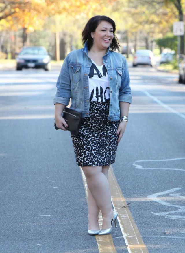 Wardrobe Oxygen wearing a J. Crew Factory denim jacket and leopard skirt and Nine West silver pumps