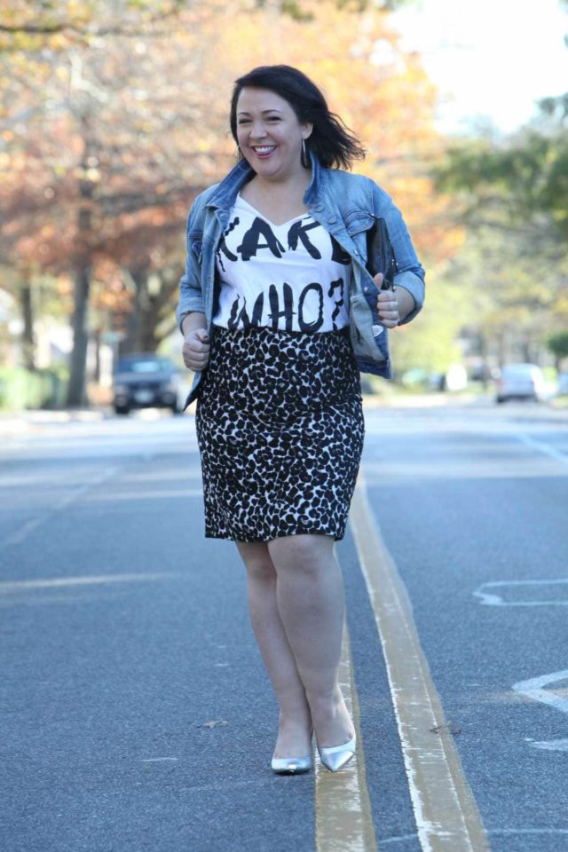 Wardrobe Oxygen wearing a J. Crew Factory denim jacket and leopard skirt and Nine West silver pumps