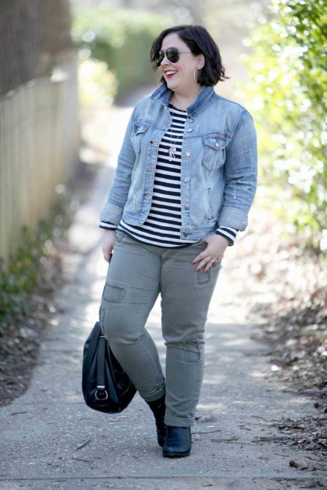 Wardrobe Oxygen featuring a J. Crew Factory denim jacket and striped tee with JAG Jeans Erin cuffed ankle pant