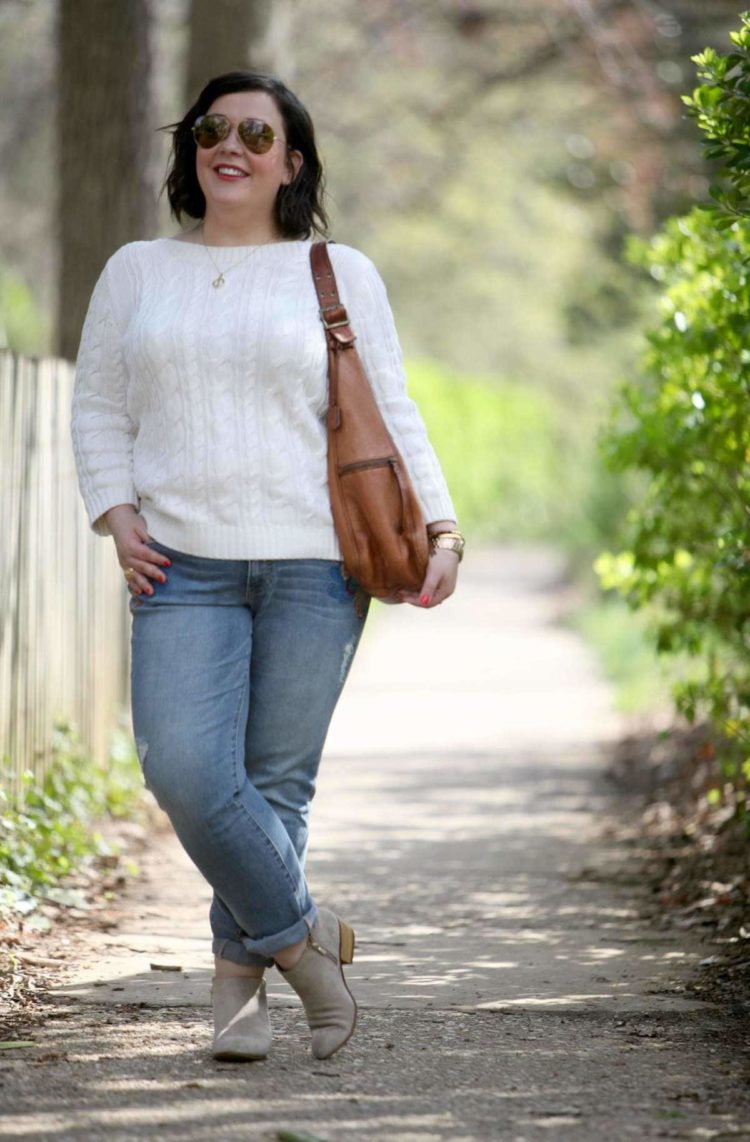 Millennial Booties Wardrobe Oxygen, an over 40 fashion blog featuring a Lands' End cableknit sweater, JAG Jeans, and Clarks ankle booties