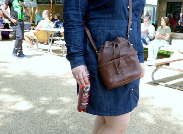 Wardrobe Oxygen, over 40 fashion blogger in Boden denim dress, bandana, Clarks booties and a vintage Coach bucket bag