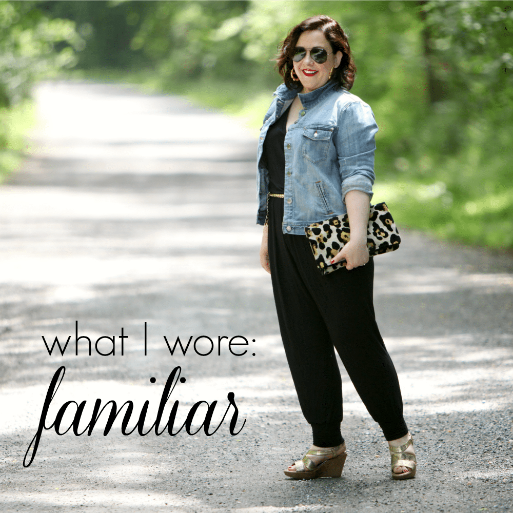 wardrobe oxygen in a loveappella jumpsuit and j crew factory denim jacket What I Wore: Familiar