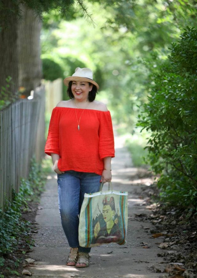 over 40 fashion blog wardrobe oxyen wearing a michael stars orange off the shoulder top and gap girlfriend jeans