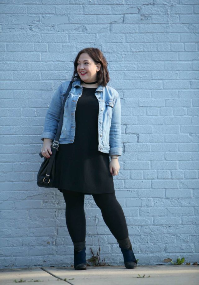 Alison Gary of Wardrobe Oxygen in an Eileen Fisher dress, J. Crew denim jacket, and 7 Dial Shoes patchwork ankle boots