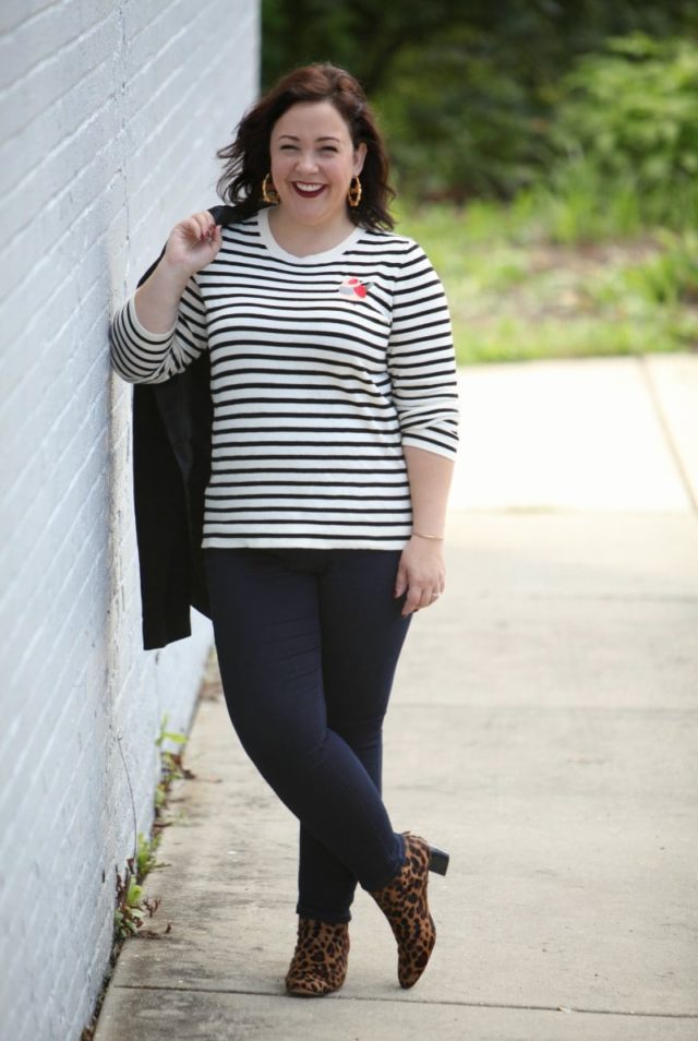 Wardrobe Oxygen, over 40 blogger in a Foxcroft blazer with leather trim, J. Crew Factory stripe sweater, and leopard calfhair ankle boots