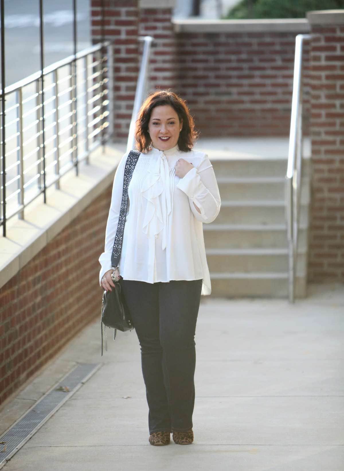 Wardrobe Oxygen, over 40 blogger in Ann Taylor blouse, JAG Jeans, Rebecca Minkoff moto bag and leopard calfhair ankle boots