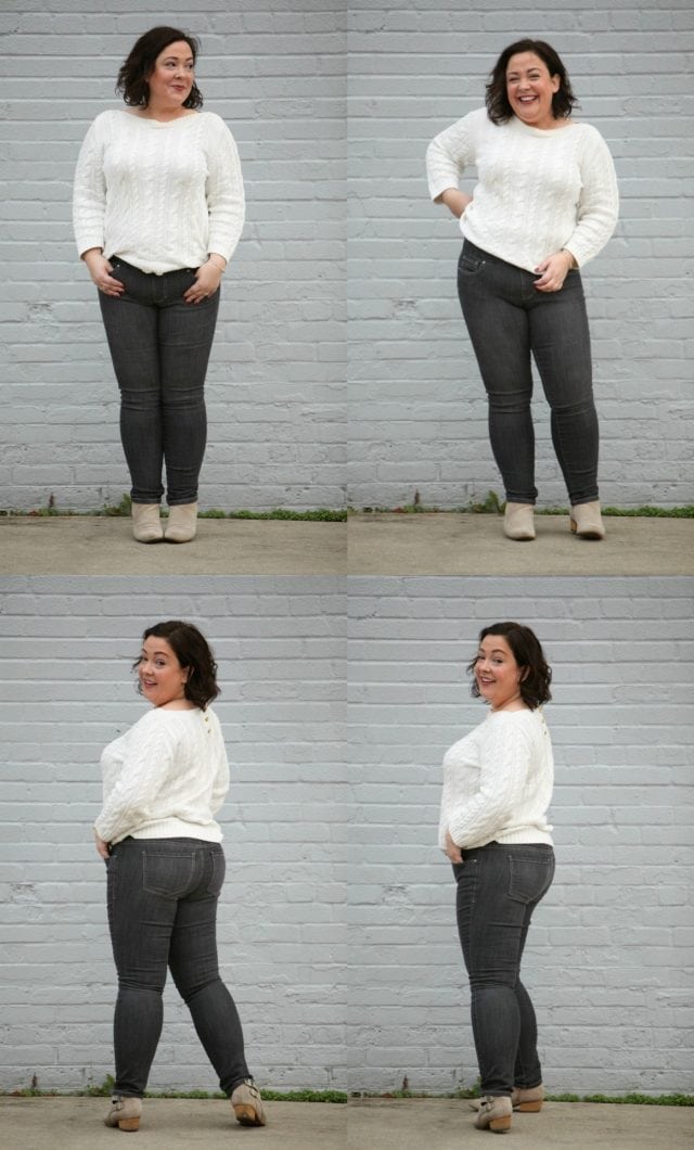 Wardrobe Oxygen review of FitCode and Jag Jeans features a collage of four photos of Alison Gary wearing gray skinny jeans with a great fit.