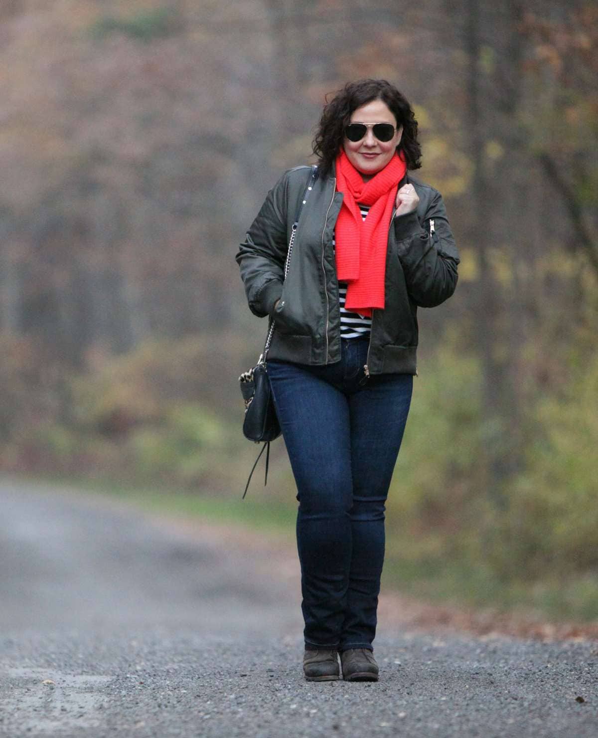 Wardrobe Oxygen in a Steve Madden bomber jacket, JAG jeans, Sorel boots, and a Rebecca Minkoff Mini MAC bag