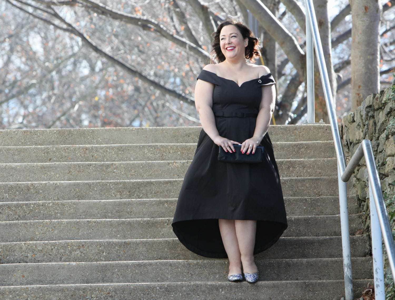 Wardrobe Oxygen in a vintage fur capelet, CityChic high-low evening dress and glitter pumps from J. Renee What I Wore: Now We Don Our Gay Apparel