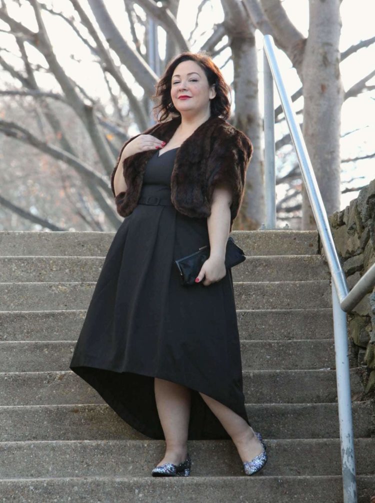 Over 40: What to Wear to a Black Tie Occasion 9 Wardrobe Oxygen in a vintage fur capelet, CityChic high-low evening dress and glitter pumps from J. Renee
