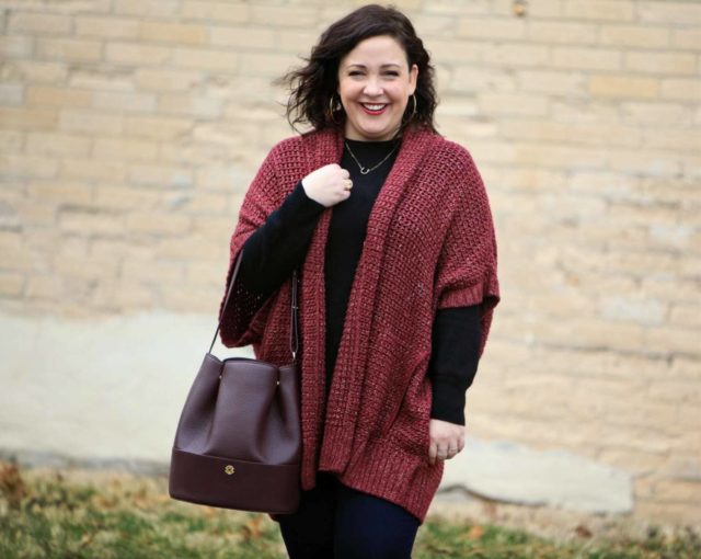 Wardrobe Oxygen,, over 40 blogger wearing a Melissa McCarthy Seven7 cardigan and Dagne Dover oxblood leather bucket bag