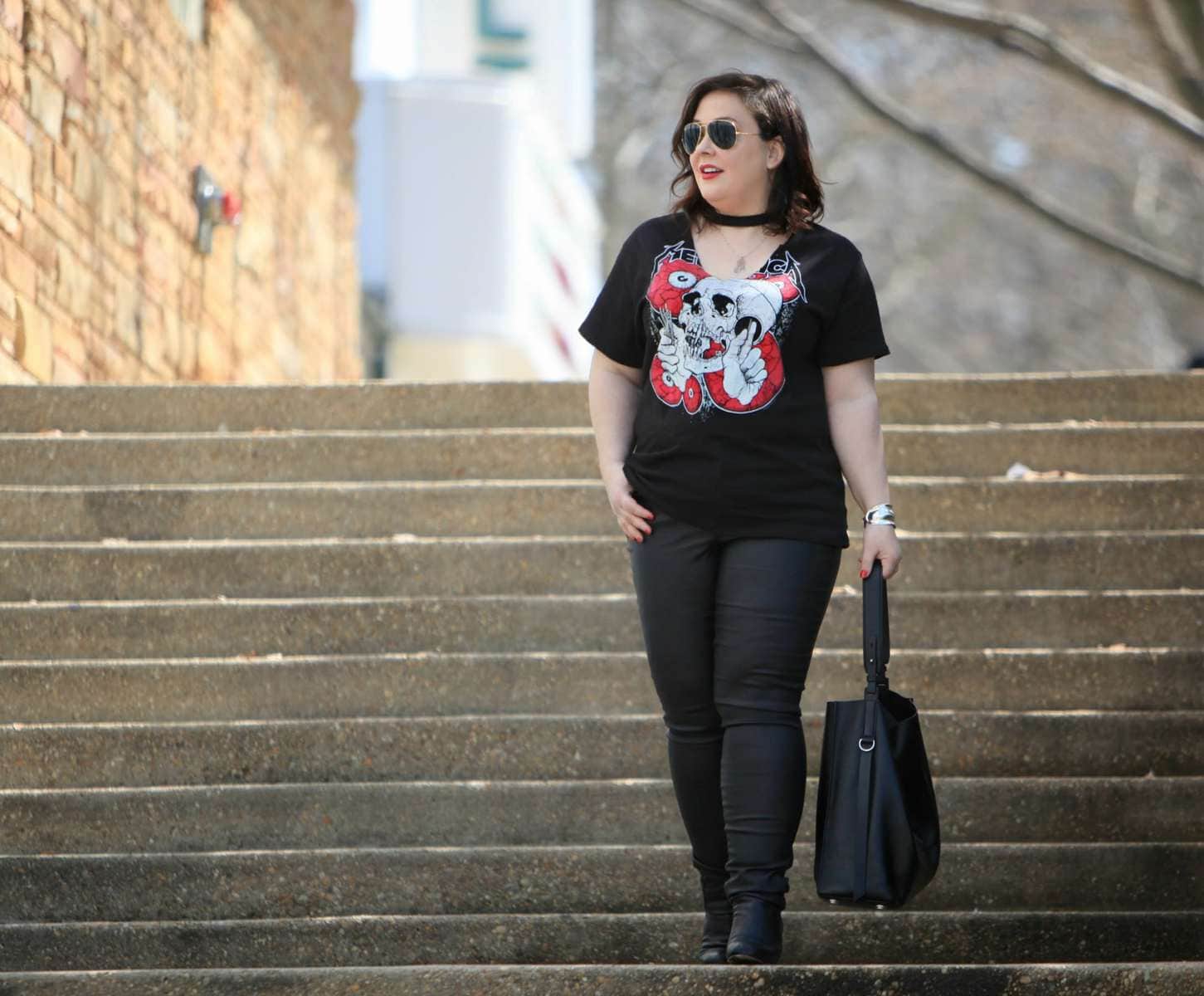 Blogger Wardrobe Oxygen in a Metallica Choker T-Shirt from Topshop, Junarose coated jeans via Dia&Co, and an ALLSAINTS black leather tote metallica choker tee shirt