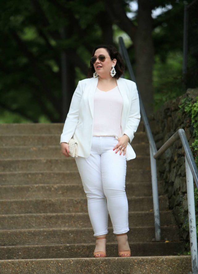 Wardrobe Oxygen in Vince Camuto blazer, LOFT strappy cami, Gap girlfriend jeans and Loeffler Randall tab clutch