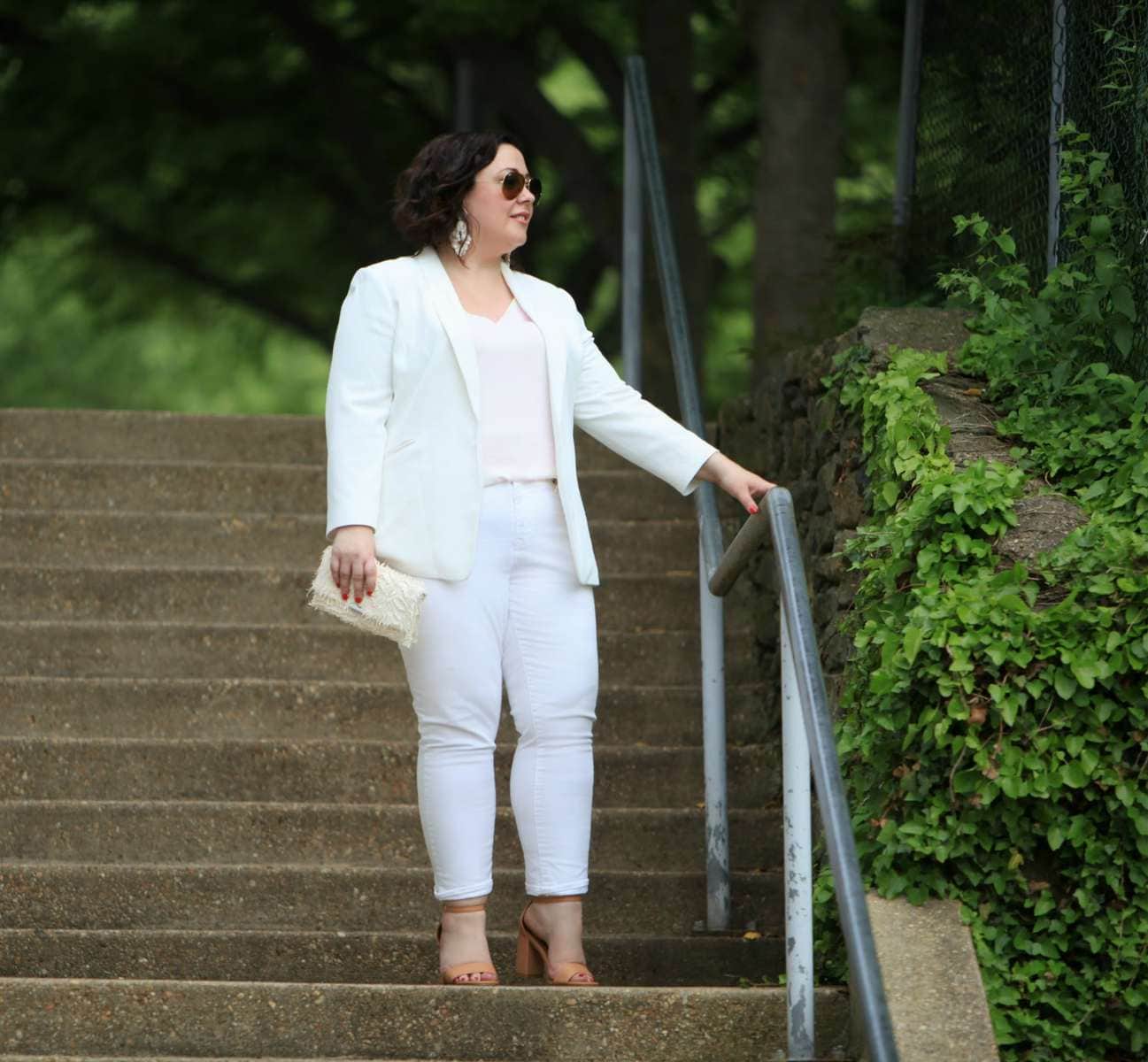 Wardrobe Oxygen in Vince Camuto blazer, LOFT strappy cami, Gap girlfriend jeans and Loeffler Randall tab clutch