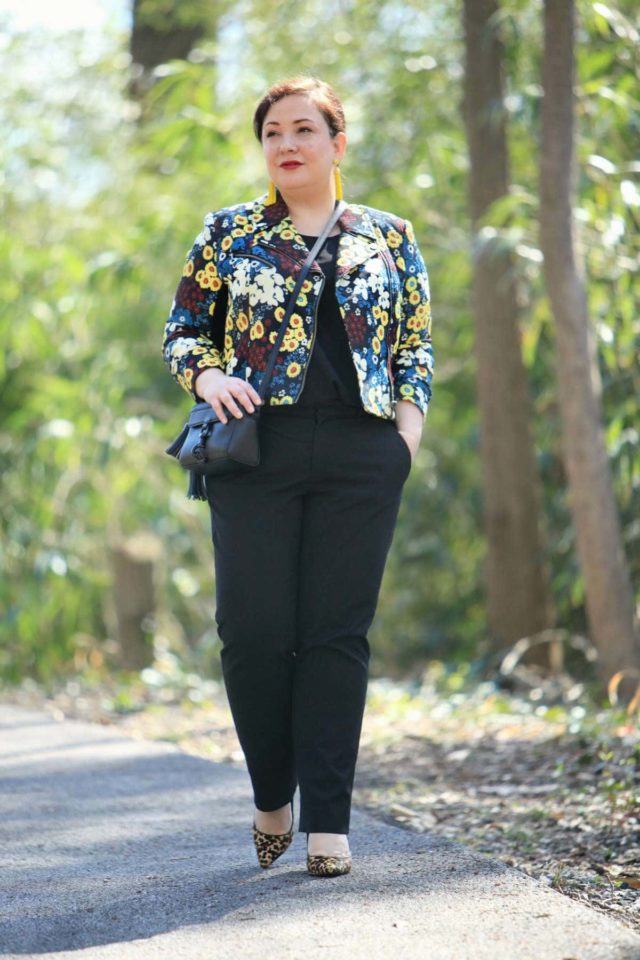 Wardrobe Oxygen wearing a Rachel Roy floral moto jacket via Gwynnie Bee with leopard haircalf pumps and Ray-Ban 62mm aviators