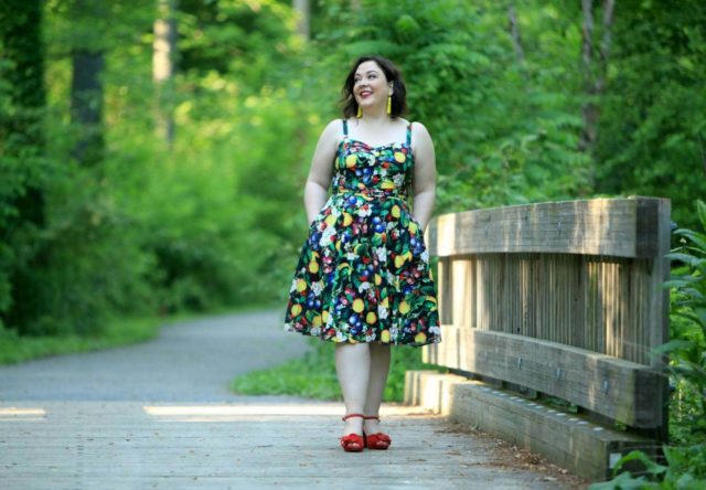 Wardrobe Oxygen in Ellos denim jacket and City Chic Fruit Salad Dress via Gwynnie Bee