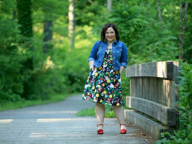 Wardrobe Oxygen in Ellos denim jacket and City Chic Fruit Salad Dress via Gwynnie Bee