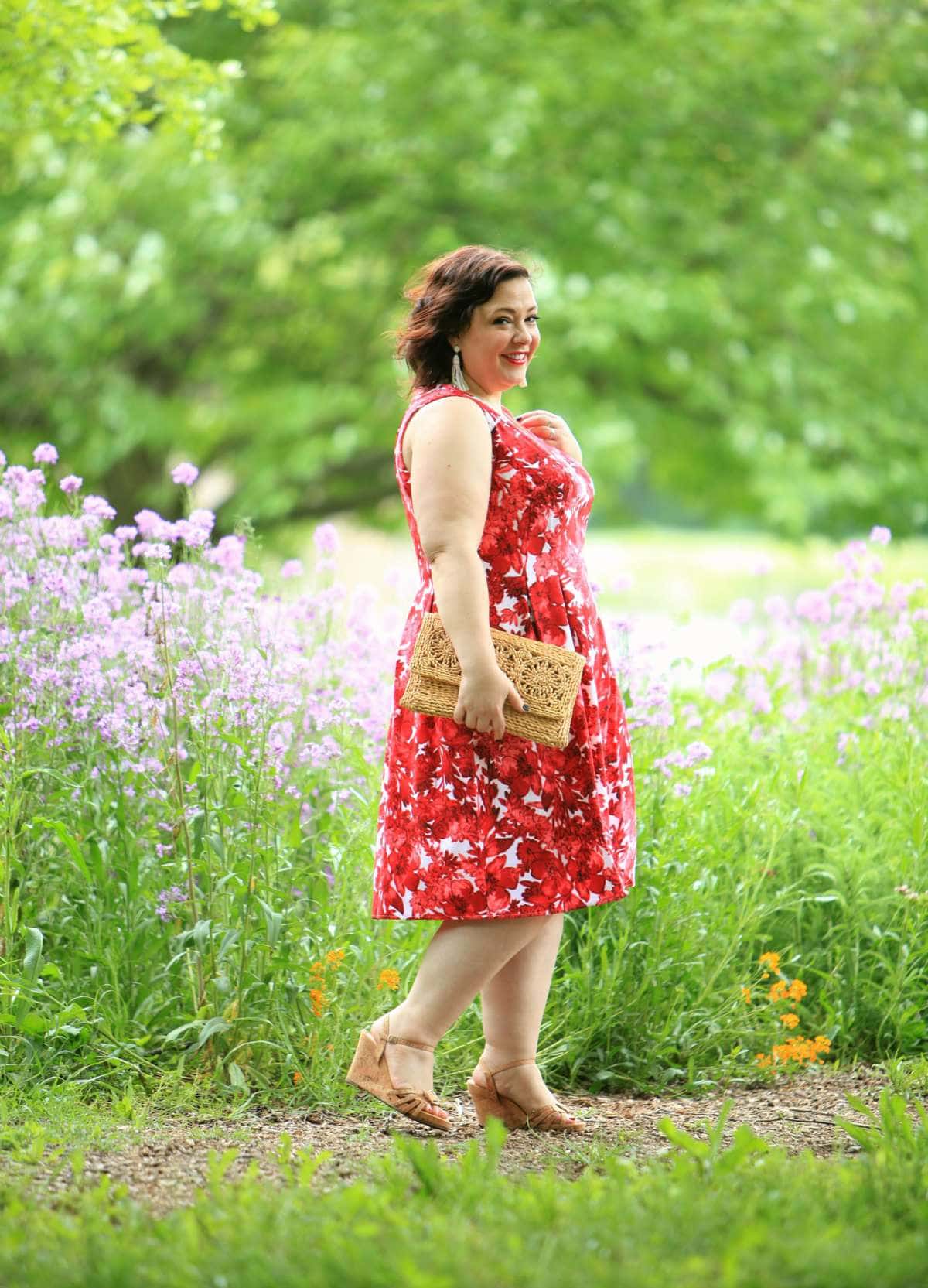 Wardrobe Oxygen in a London Times Forest Floral dress from Gwynnie Bee with Aerosoles wedge sandals and Baublebar Pinata earrings