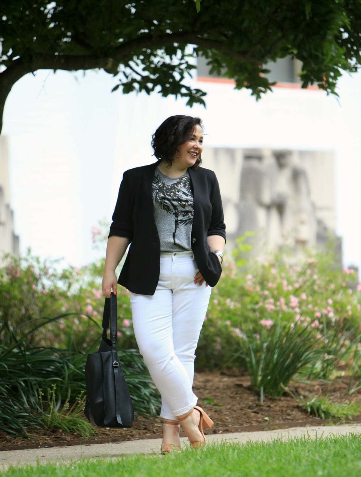 Over 40 blogger Wardrobe Oxygen in a RACHEL Rachel Roy ponte blazer, Talbots ankle jeans, and a J. Crew sequin detail tee