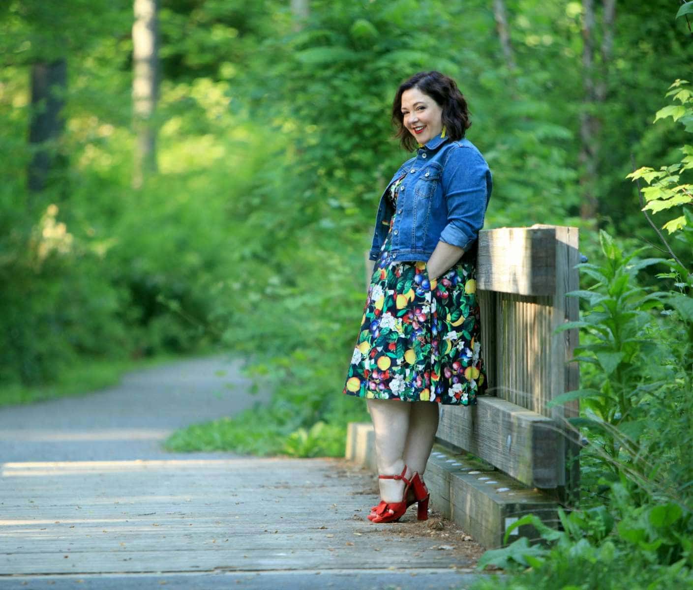 Wardrobe Oxygen in Ellos denim jacket and City Chic Fruit Salad Dress via Gwynnie Bee