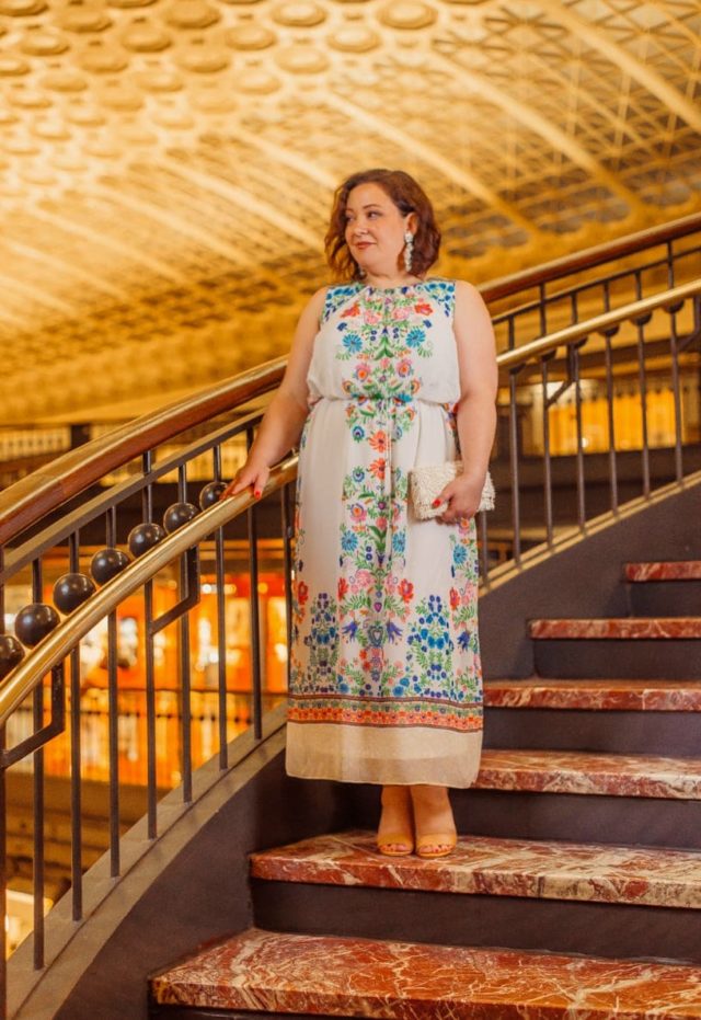 Gwynnie Bee June Featured Influencer Wardrobe Oxygen in a white and floral maxi dress from Sandra Darren