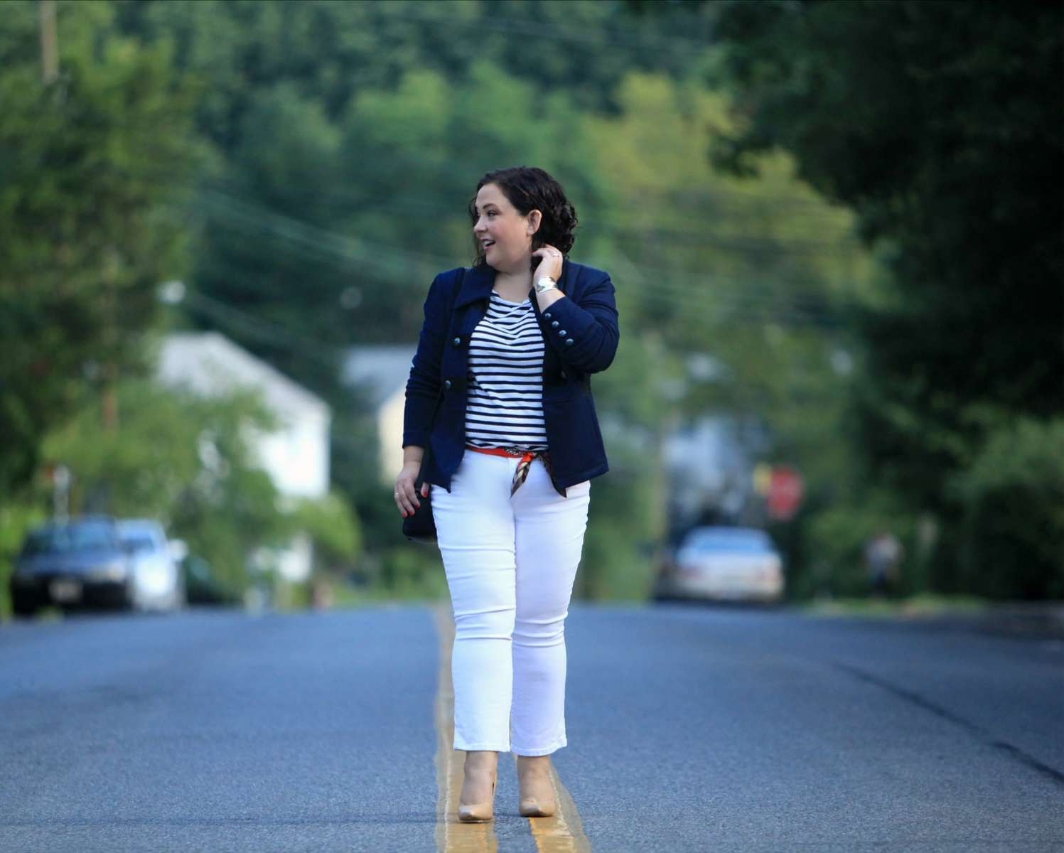 Wardrobe Oxygen wearing the cabi In The Band Jacket with a Breton tee, white cropped jeans, nude pumps, and the cabi Deidre Scarf worn as a belt cabi band jacket