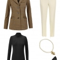 This outfit lets the cabi Standout Jacket stand out by pairing it with the cabi Layer Turtleneck, ivory ankle length trousers, the cabi Heritage Necklace, and classic black pointed toe pumps.