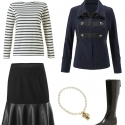 the cabi In The Band jacket styled with the cabi Flip Skirt, a Breton tee, and Naturalizer Winnie riding boots