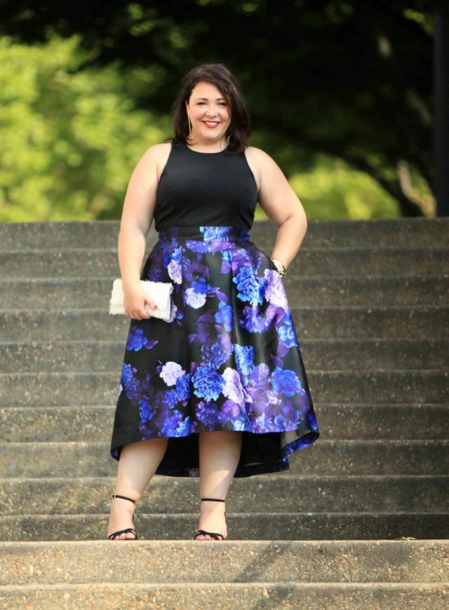 Wardrobe Oxygen in the City Chic Midnight Hi Low Dress via Gwynnie Bee with a Loeffler Randall leather fringe clutch and the cabi Secret Garden Clutch