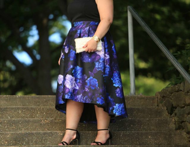 Wardrobe Oxygen in the City Chic Midnight Hi Low Dress via Gwynnie Bee with a Loeffler Randall leather fringe clutch and the cabi Secret Garden Clutch