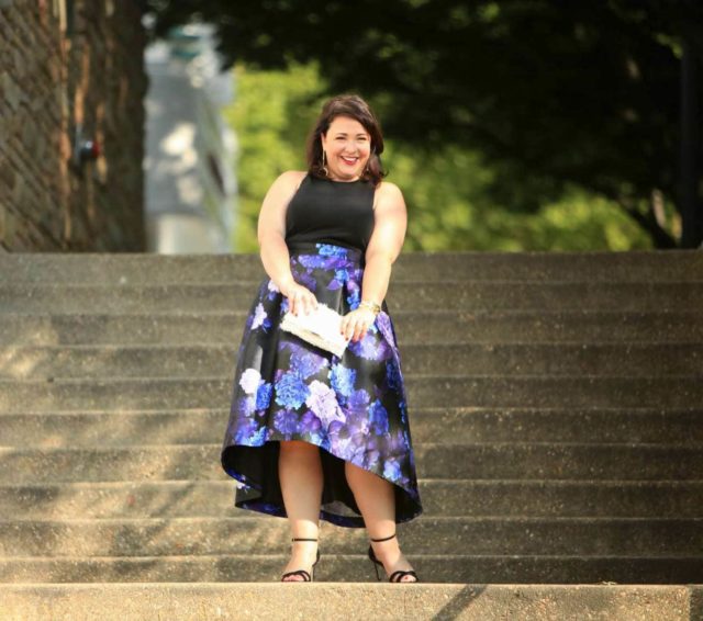 Wardrobe Oxygen in the City Chic Midnight Hi Low Dress via Gwynnie Bee with a Loeffler Randall leather fringe clutch and the cabi Secret Garden Clutch