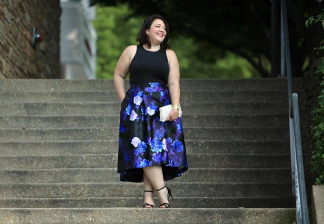 Wardrobe Oxygen in the City Chic Midnight Hi Low Dress via Gwynnie Bee with a Loeffler Randall leather fringe clutch and the cabi Secret Garden Clutch