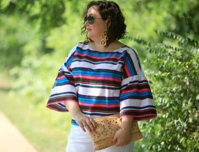 Wardrobe Oxygen in a candy striped cotton bell sleeve blouse from Vince Camuto with white Talbots ankle jeans, Aerosoles sandals, and a raffia clutch