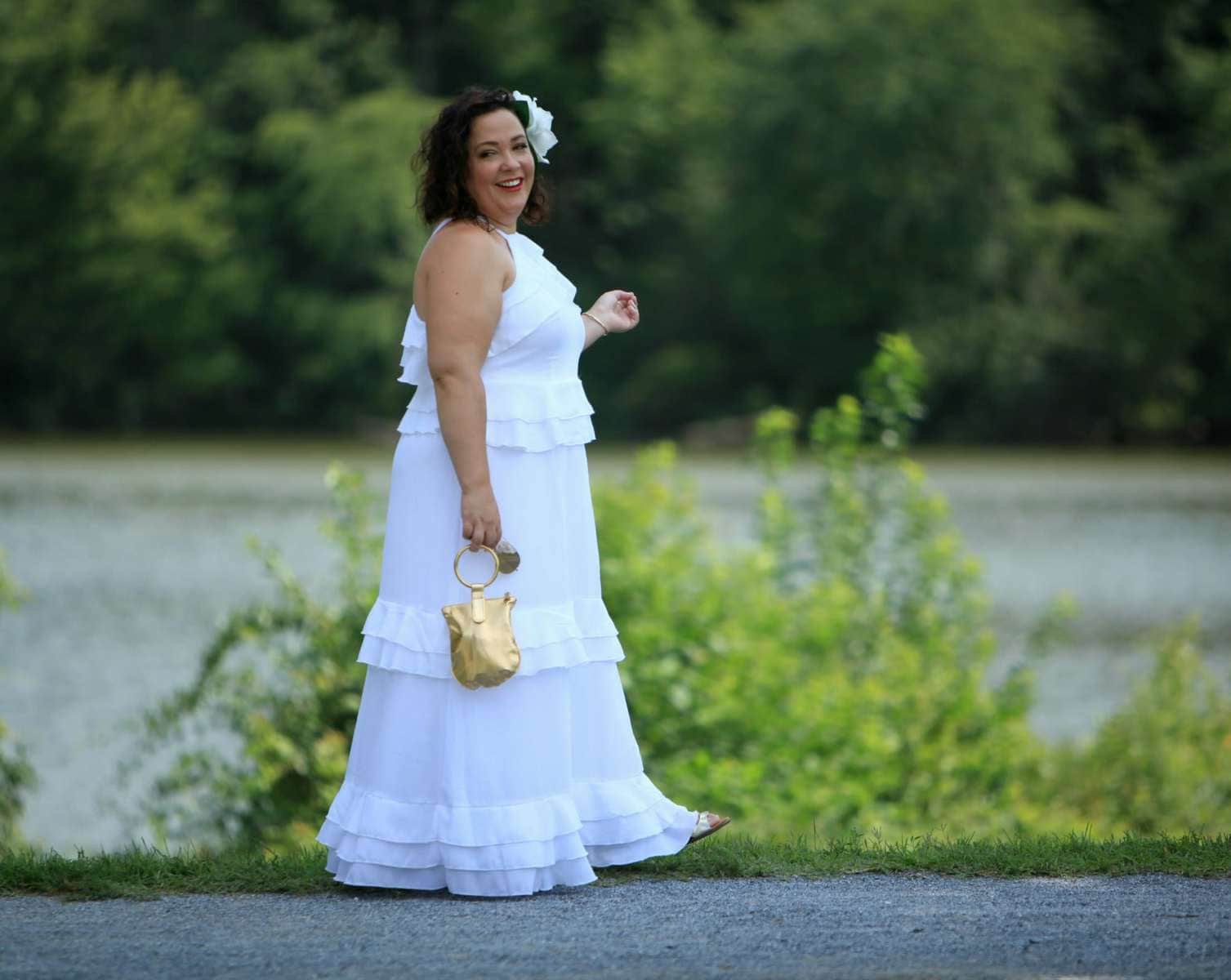 eloquii tiered flounce dress worn to diner en blanc dc