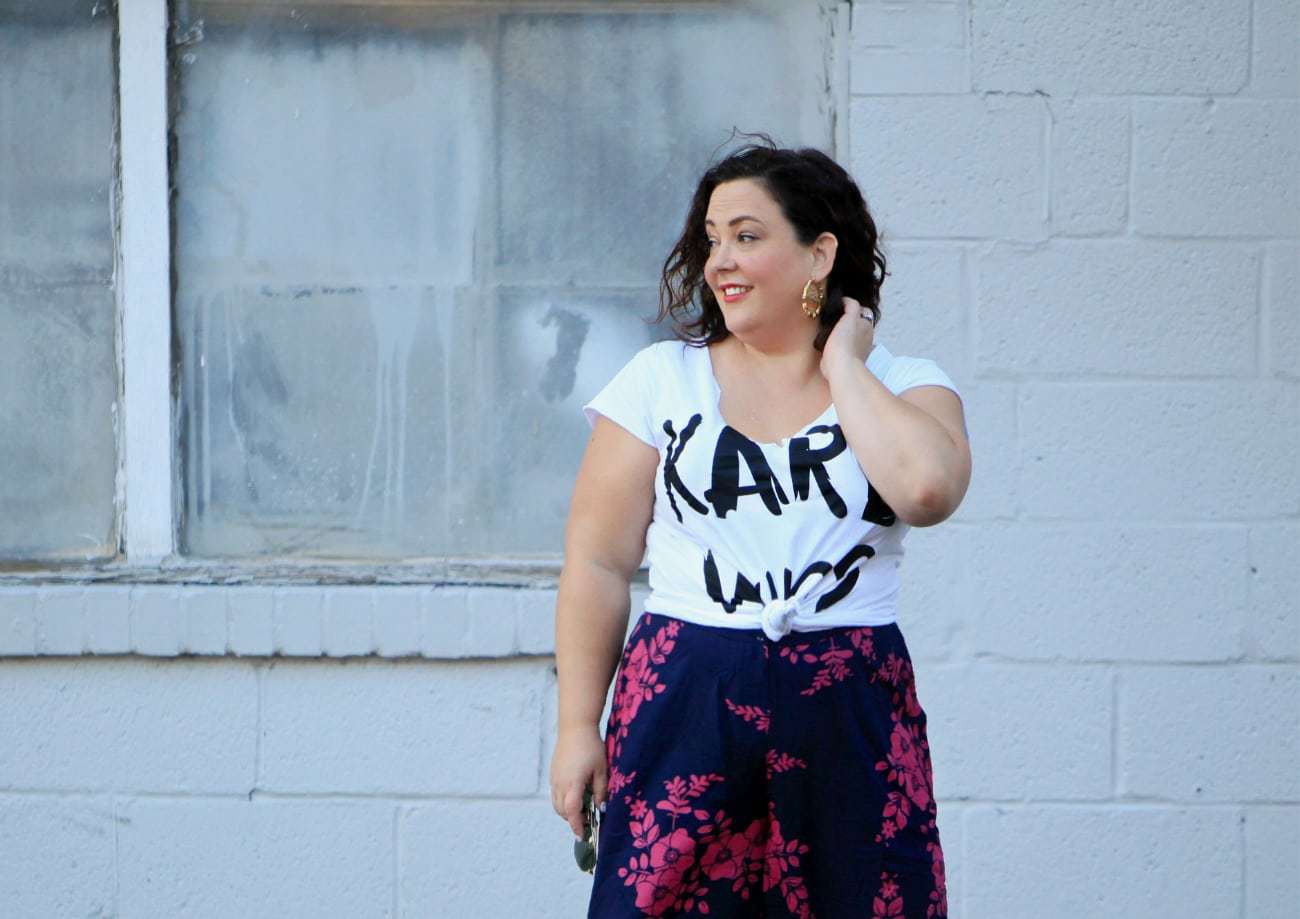 Wardrobe Oxygen in magenta and navy floral wide leg pants with red suede platform sandals from Naturalizer