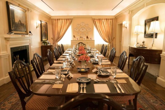 A view of the dining table in the Good Housekeeping Dining Room, set for a meal