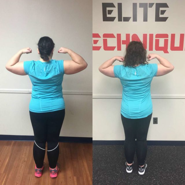 Image is of two photos. On the left, Alison Gary in December wearing a turquoise shirt and black pants, her arms flexing to show bicep muscles, her back turned to the camera. On the left, the same but Alison in May. The side by side shows her body is slimmer, her stomach firmer.