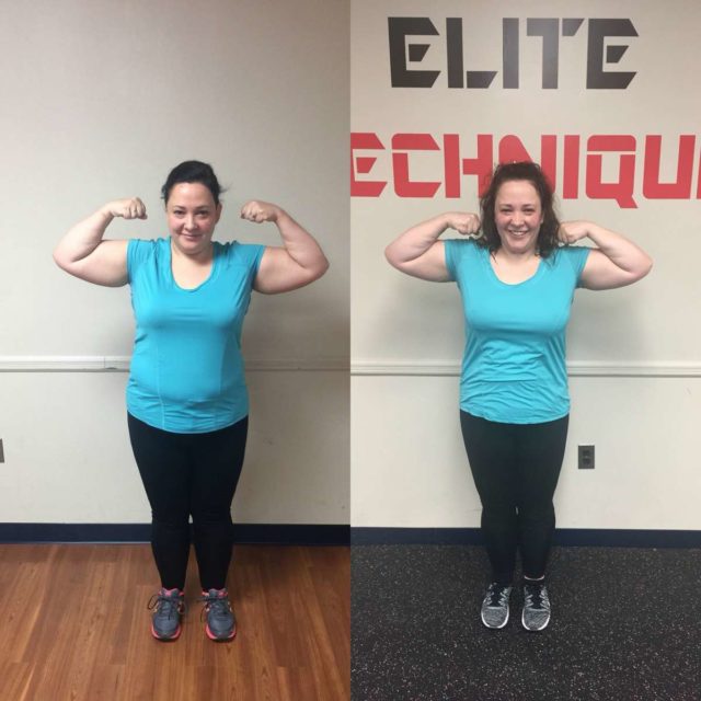 Image is of two photos. On the left, Alison Gary in December wearing a turquoise shirt and black pants, turned to face the left. In both photos she is standing erect with her hands behind her back. On the left, the same but Alison in May. The side by side shows her body is slimmer, her stomach firmer.