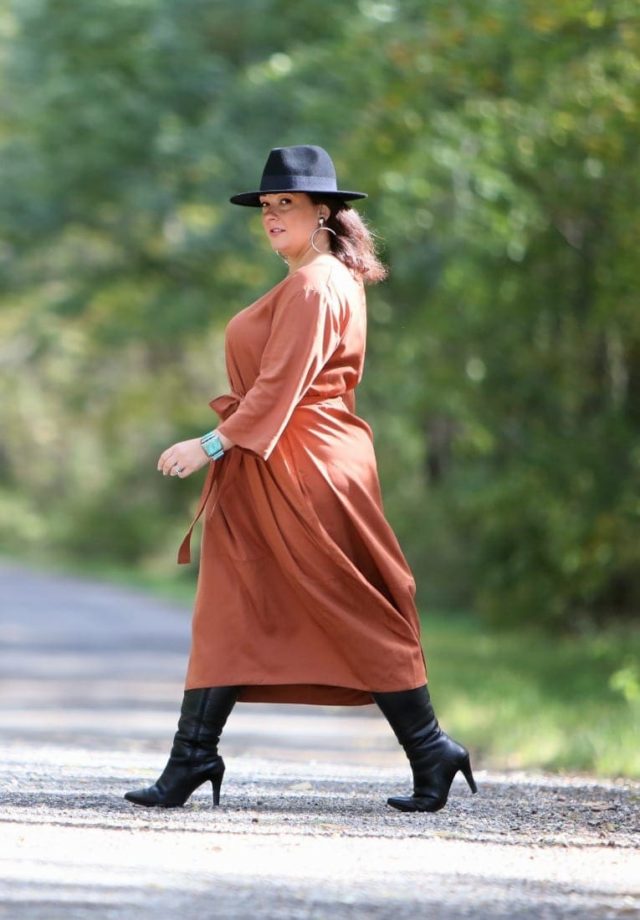 Wardrobe Oxygen in the And Comfort The Cambridge Tie Dress with Jenny Bird Factory Drop Earrings, an Ann Taylor black fedora and black heeled knee-high boots