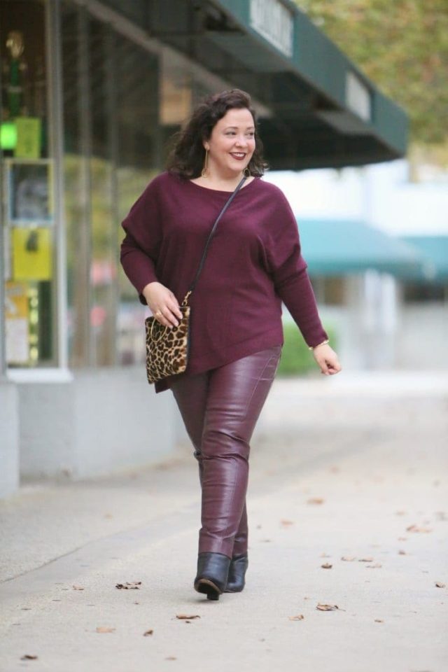 Merlot cashmere sweater and faux leather pants from Chico's and a Thacker NYC leopard ring handle bag on Wardrobe Oxygen